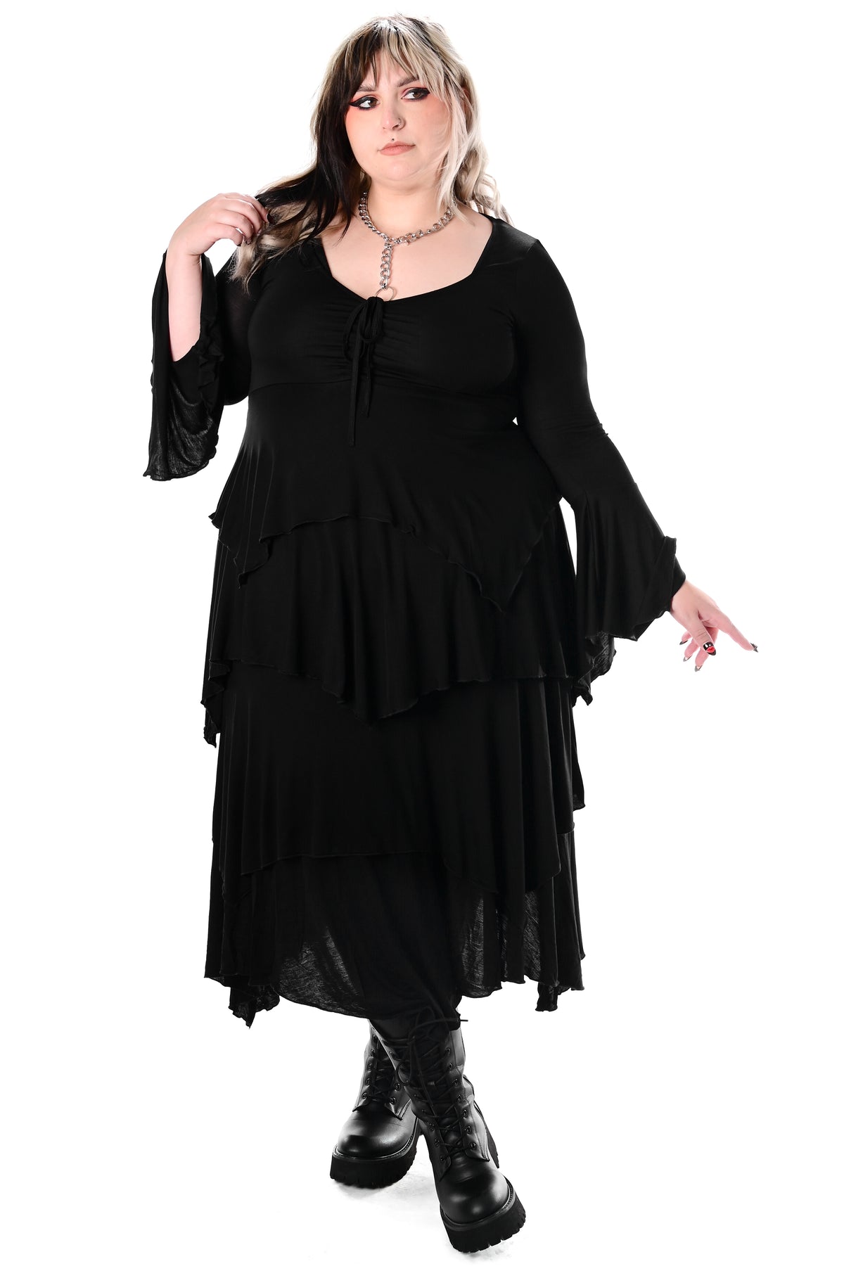 tiered handkerchief midi dress with bell sleeves, a front adjustable ruching, and marrow hem