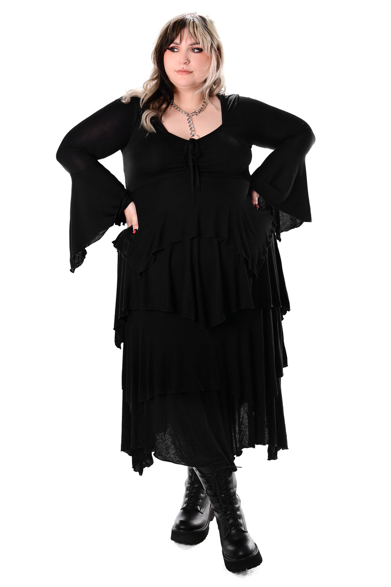 tiered handkerchief midi dress with bell sleeves, a front adjustable ruching, and marrow hem