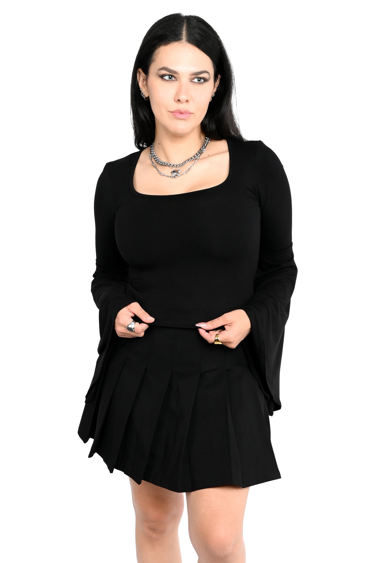 dramatic black bell sleeve top with square neckline