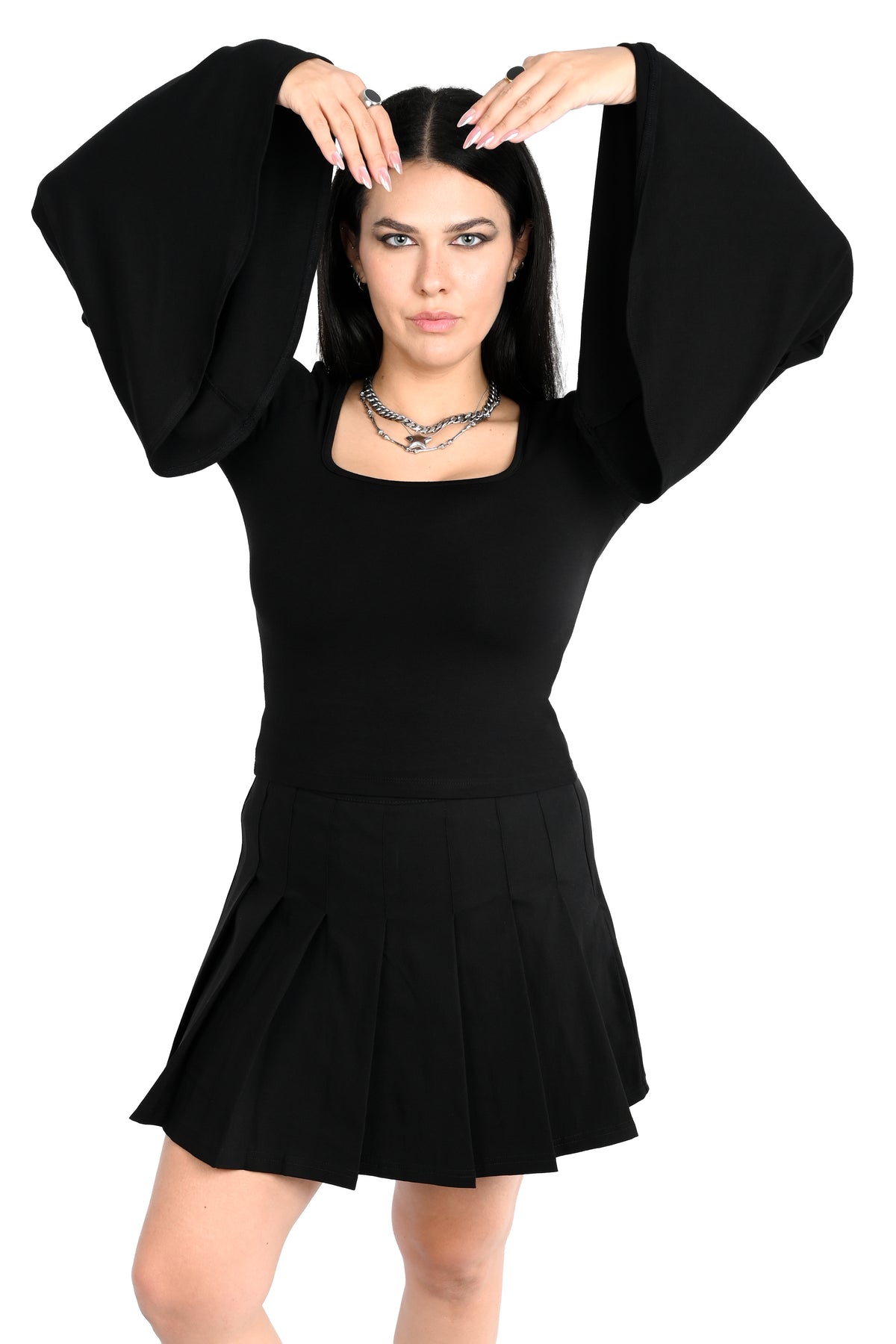 dramatic black bell sleeve top with square neckline