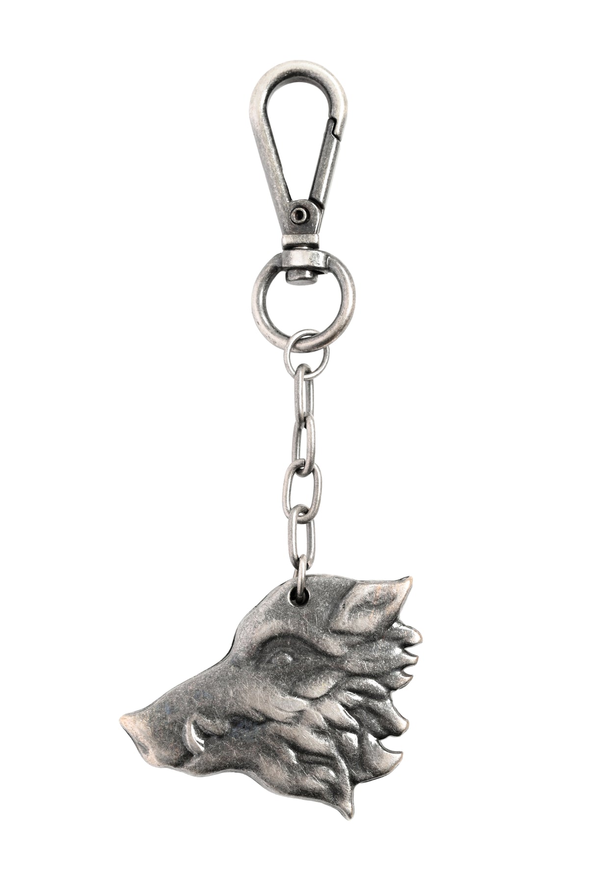 A silver-toned metal keychain featuring a detailed wild boar head pendant, attached to a short chain and a swivel clasp, shown against a plain white background.
