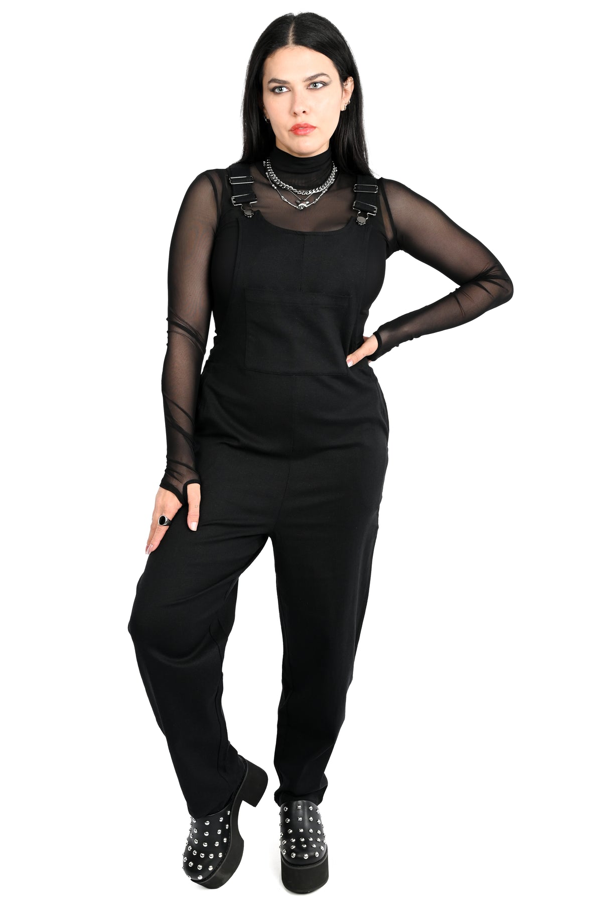 black overalls with silver hardware