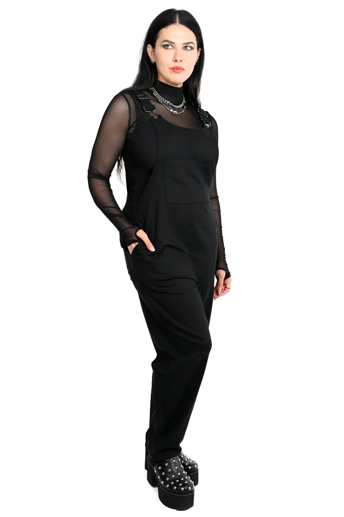 black overalls with silver hardware
