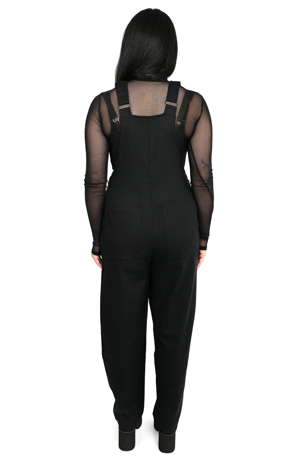 black overalls with silver hardware