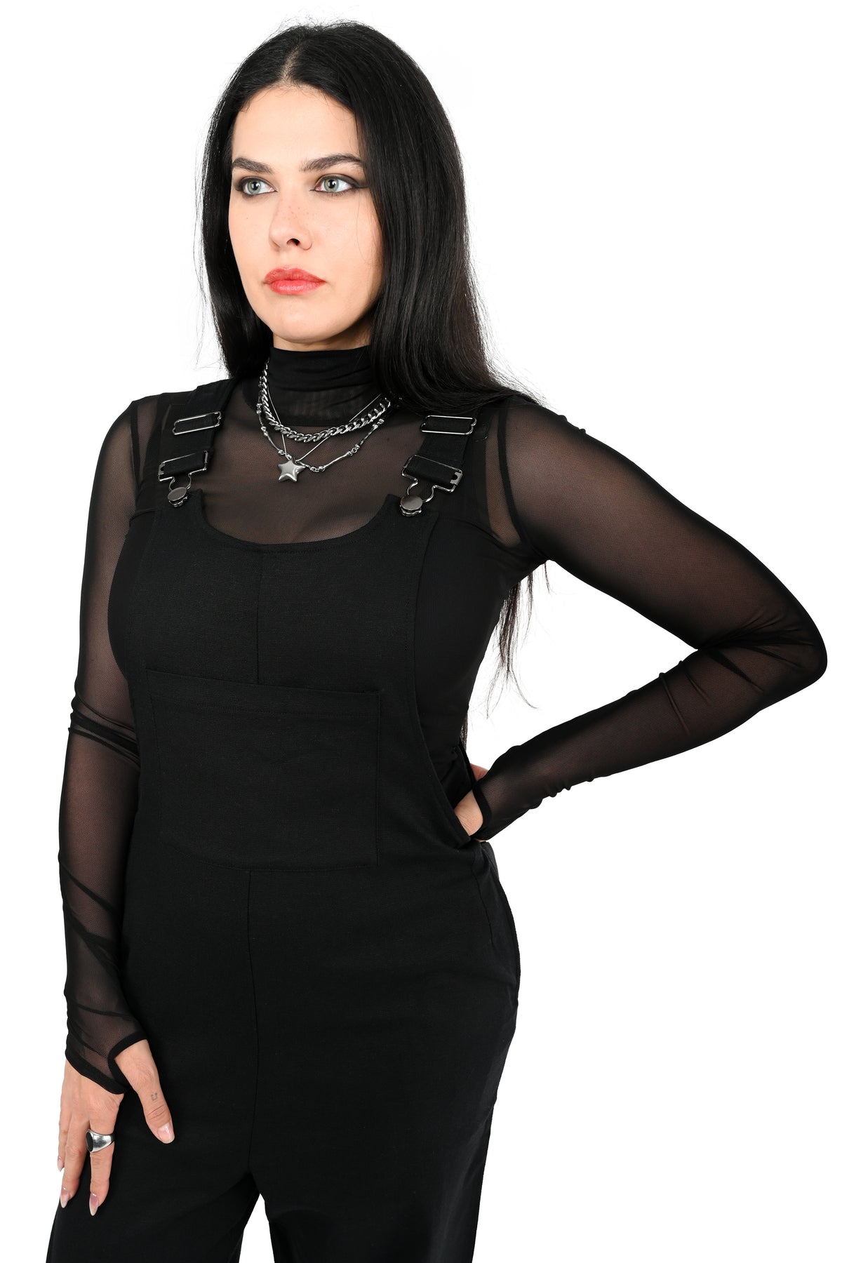black overalls with silver hardware