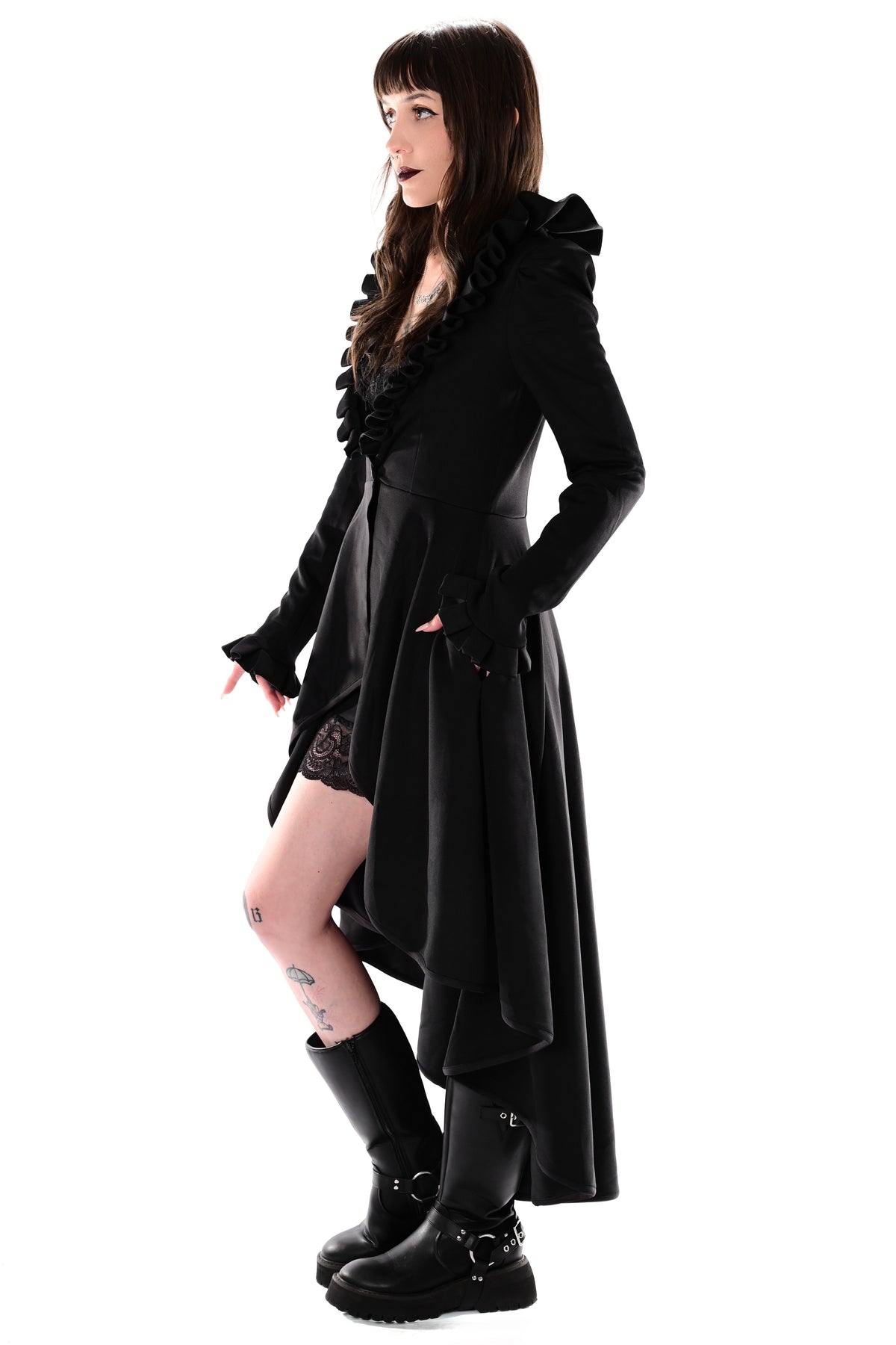 black high low jacket with ruffle collar and sleeve cuffs