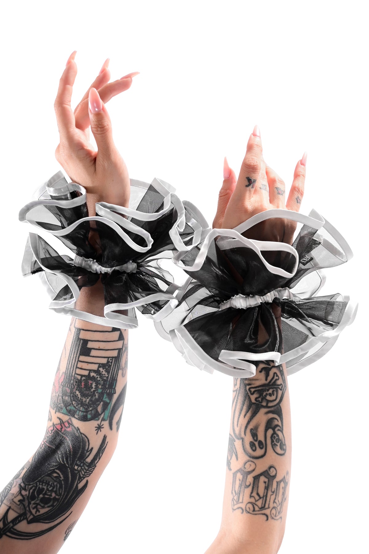 black organza clown ruffle cuffs with white satin trim