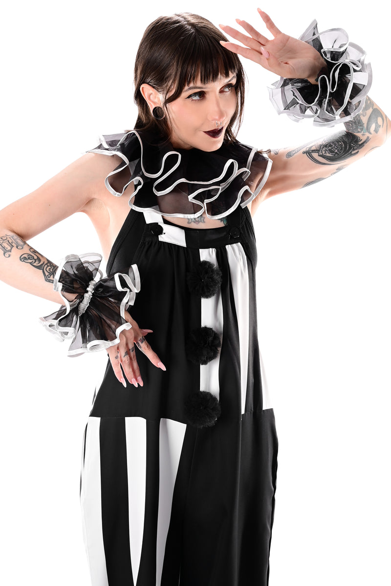 black organza clown ruffle collar with white satin trim