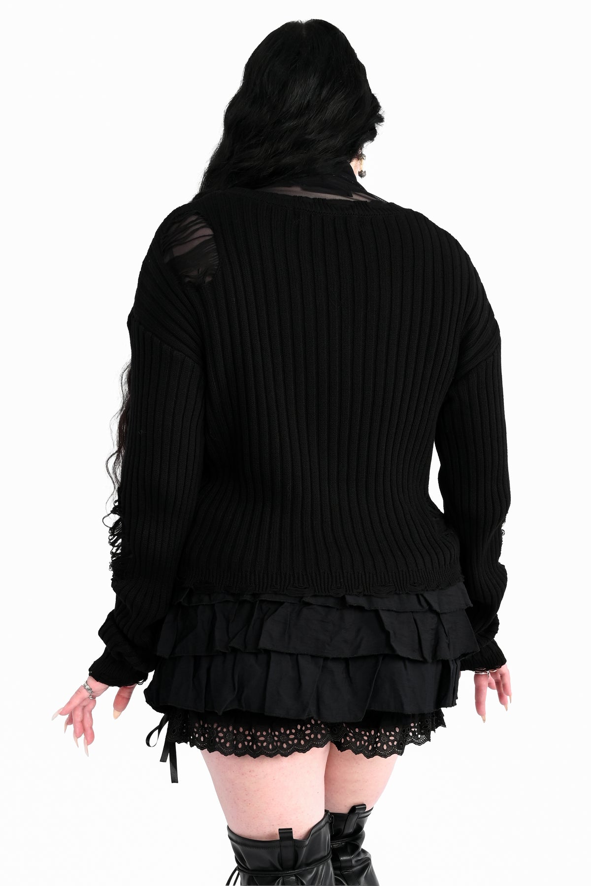 black ribbed shredded sweater with distressing all over