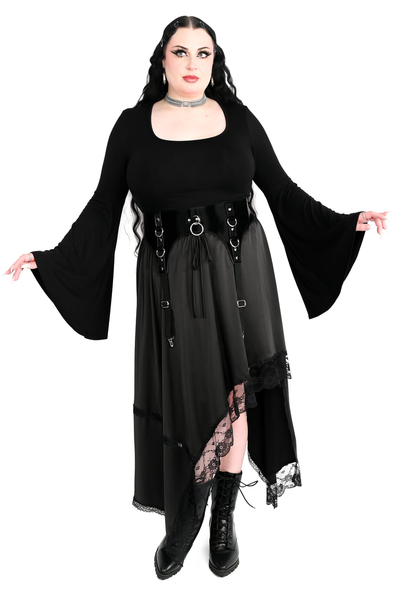 dramatic black bell sleeve top with square neckline