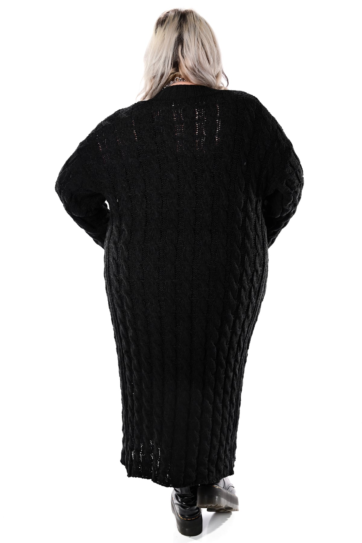 black open front cable knit cardigan duster