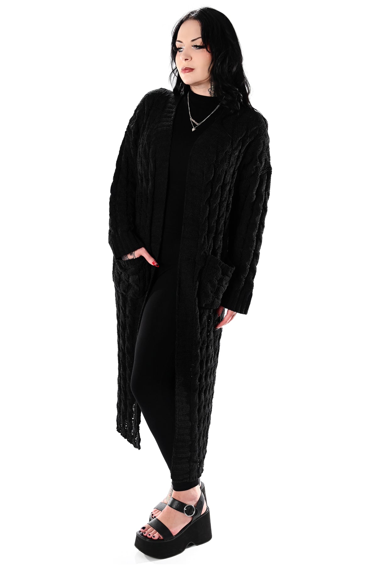 black open front cable knit cardigan duster