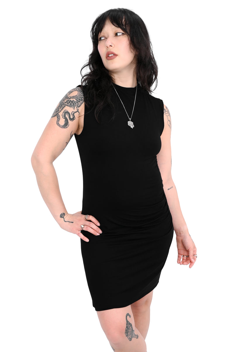 black mock neck mini dress with back zipper