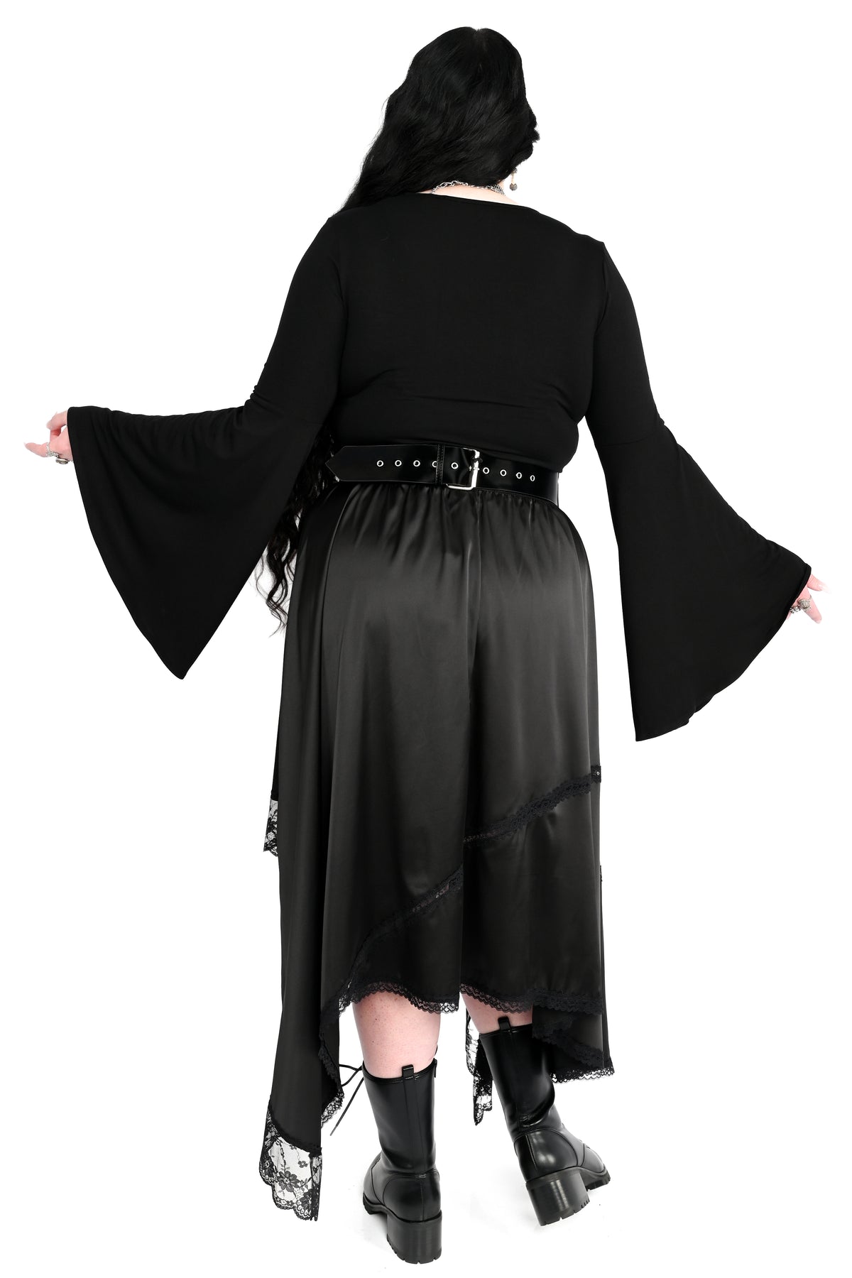 dramatic black bell sleeve top with square neckline