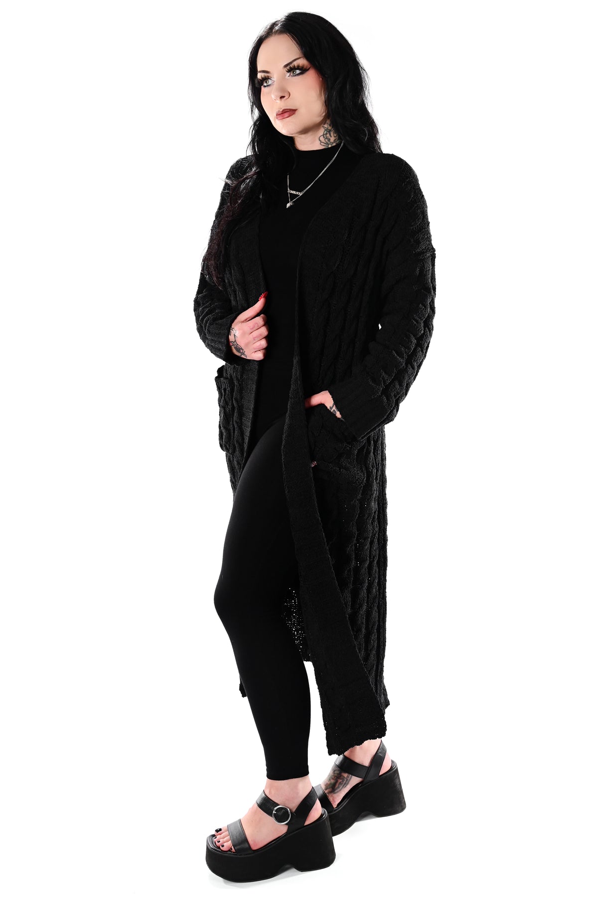 black open front cable knit cardigan duster