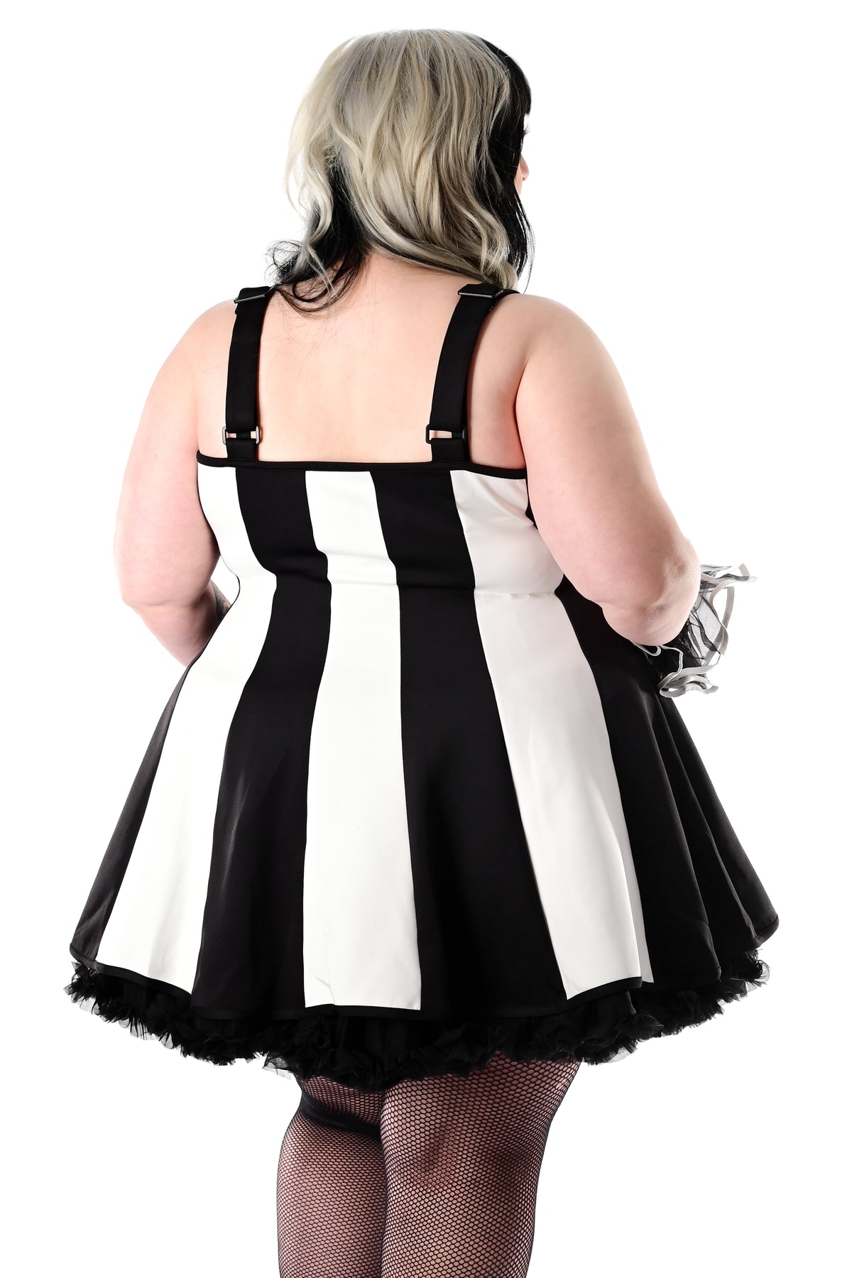 black and white striped clown dress with black tulle pom poms on front