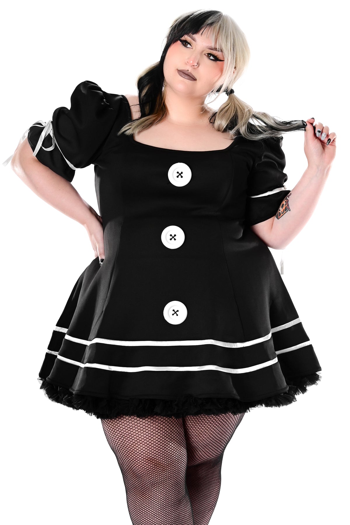 black puff short sleeve dress with white satin details and white oversized front buttons