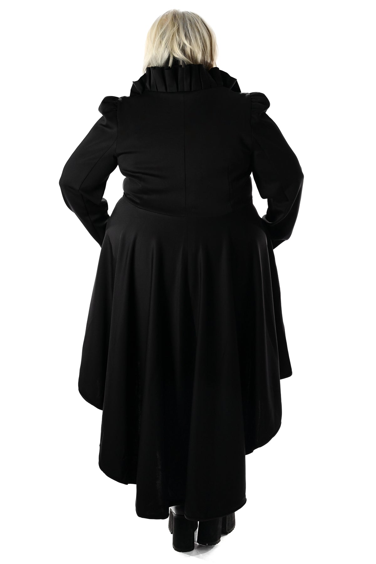 black high low jacket with ruffle collar and sleeve cuffs