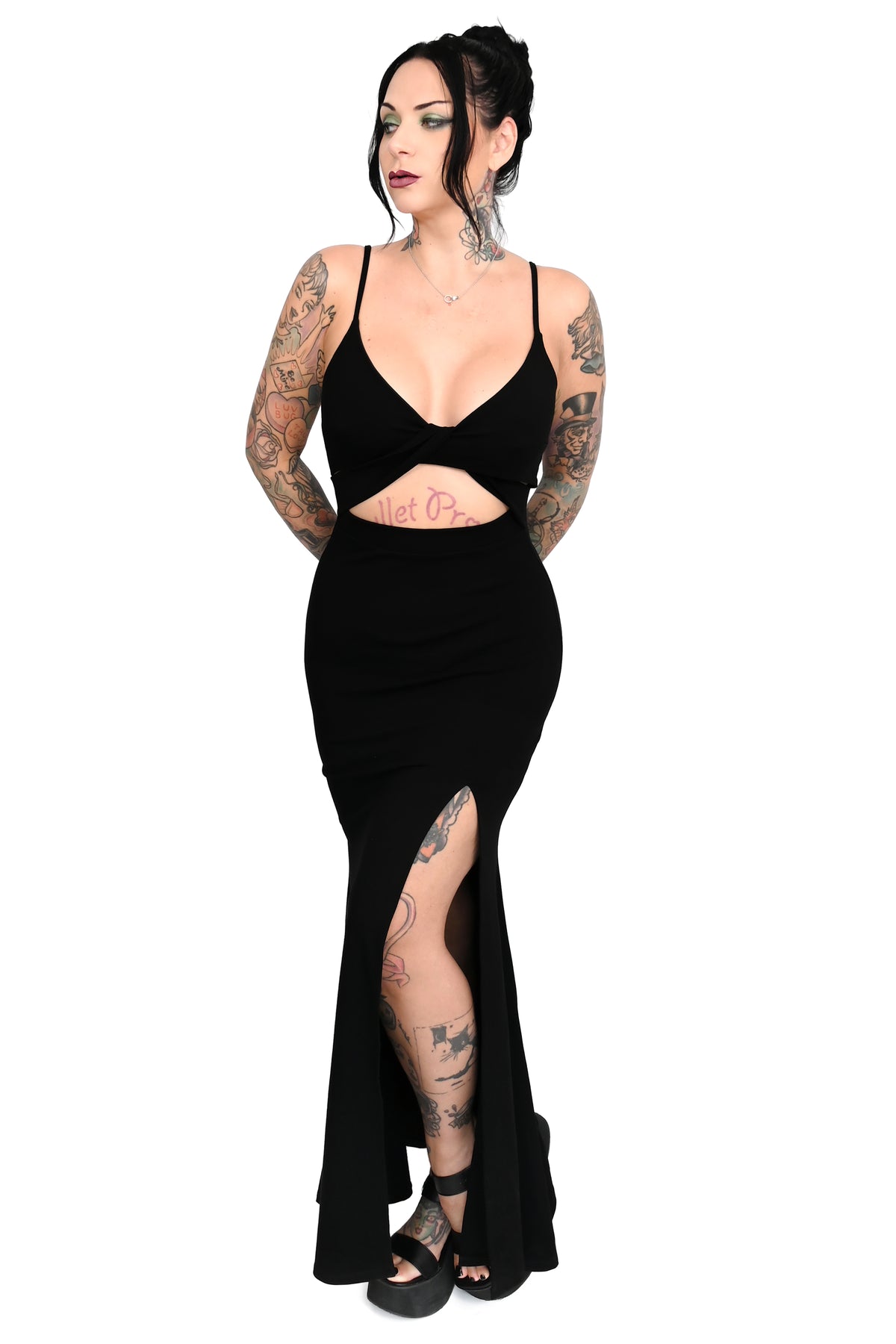 black maxi dress with side slit and open keyhole wrap front