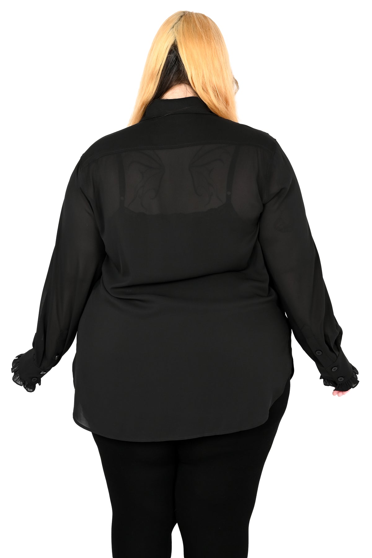 back view of a model wearing a black chiffon shirt in size 2xl with their hands out to the side