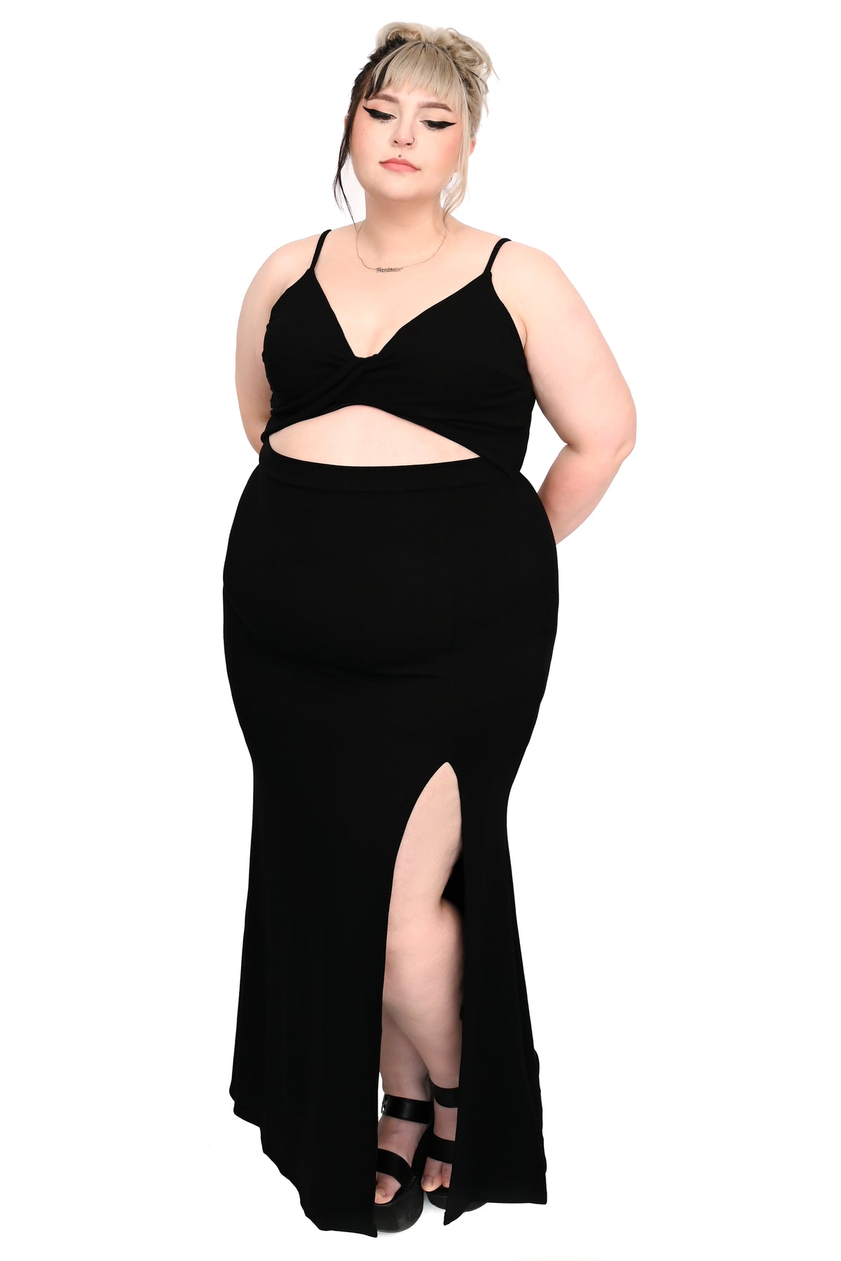 black maxi dress with side slit and open keyhole wrap front
