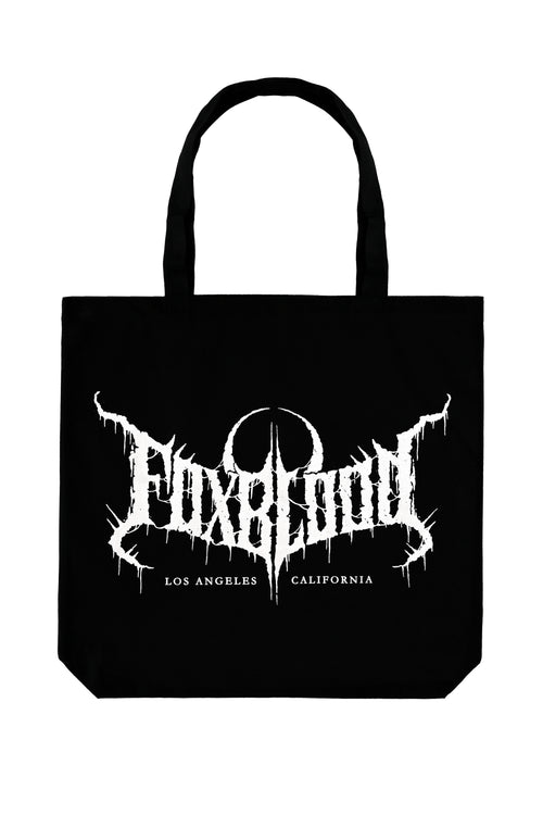 black tote bag with foxblood logo