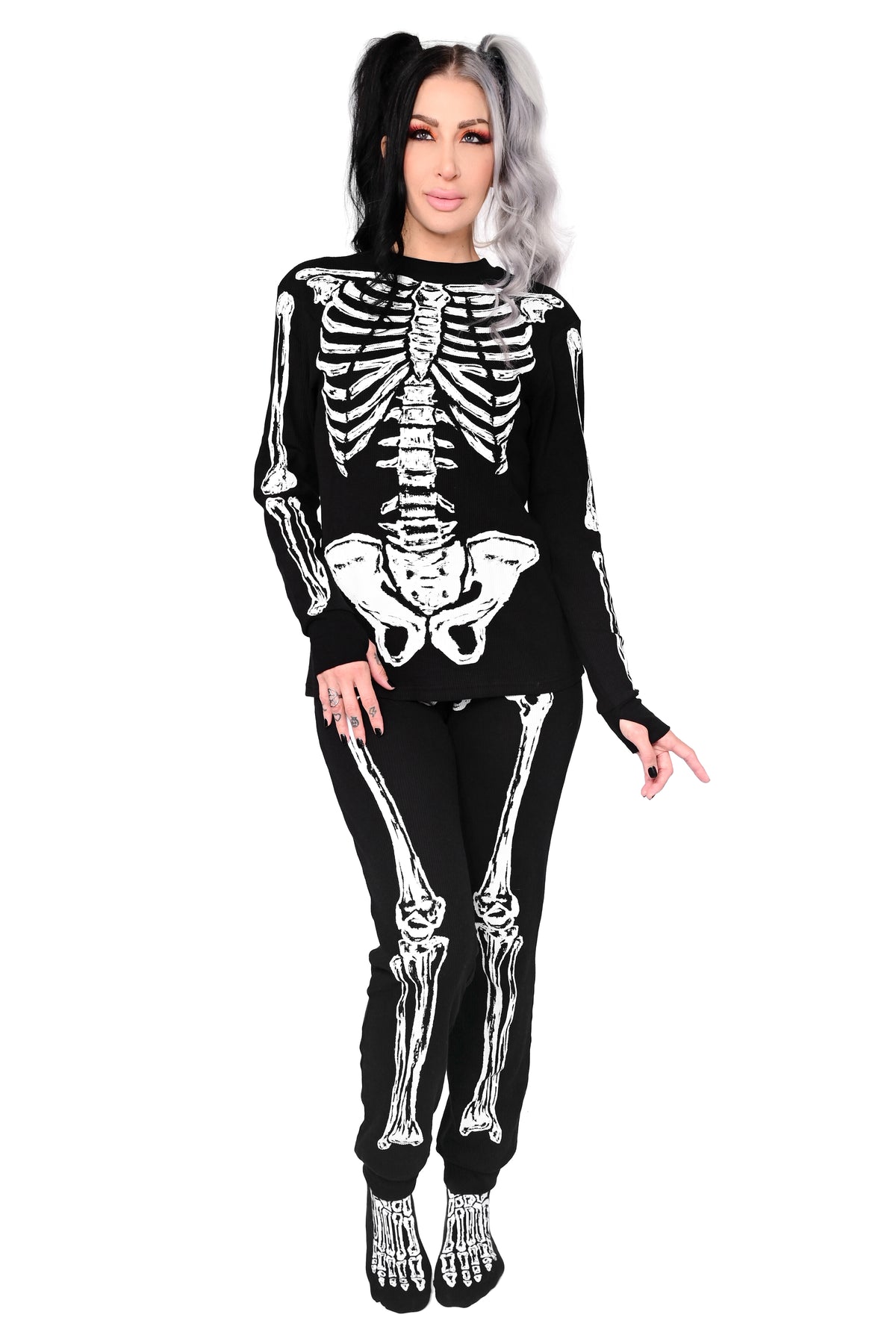 black thermal long sleeve top with skeleton print and thumbholes