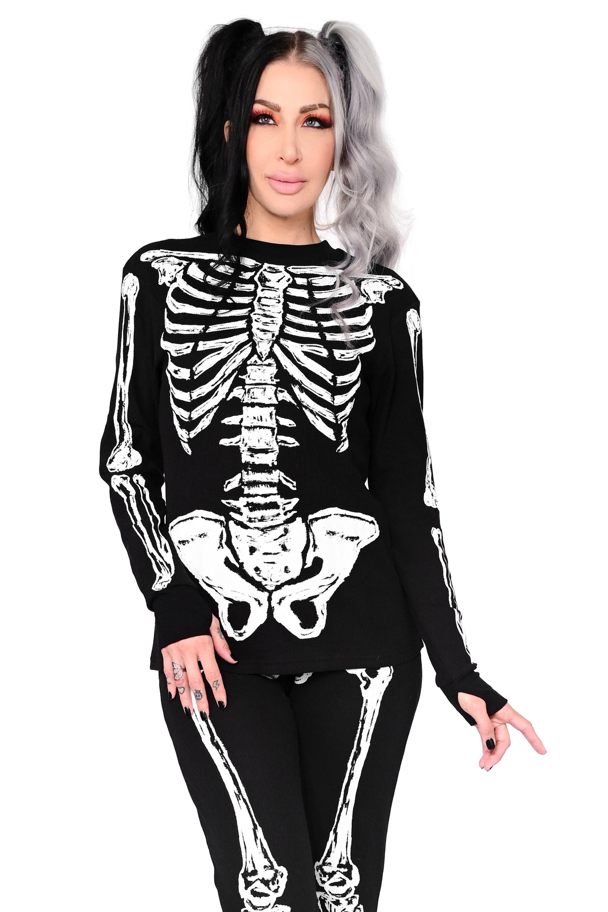 black thermal long sleeve top with skeleton print and thumbholes