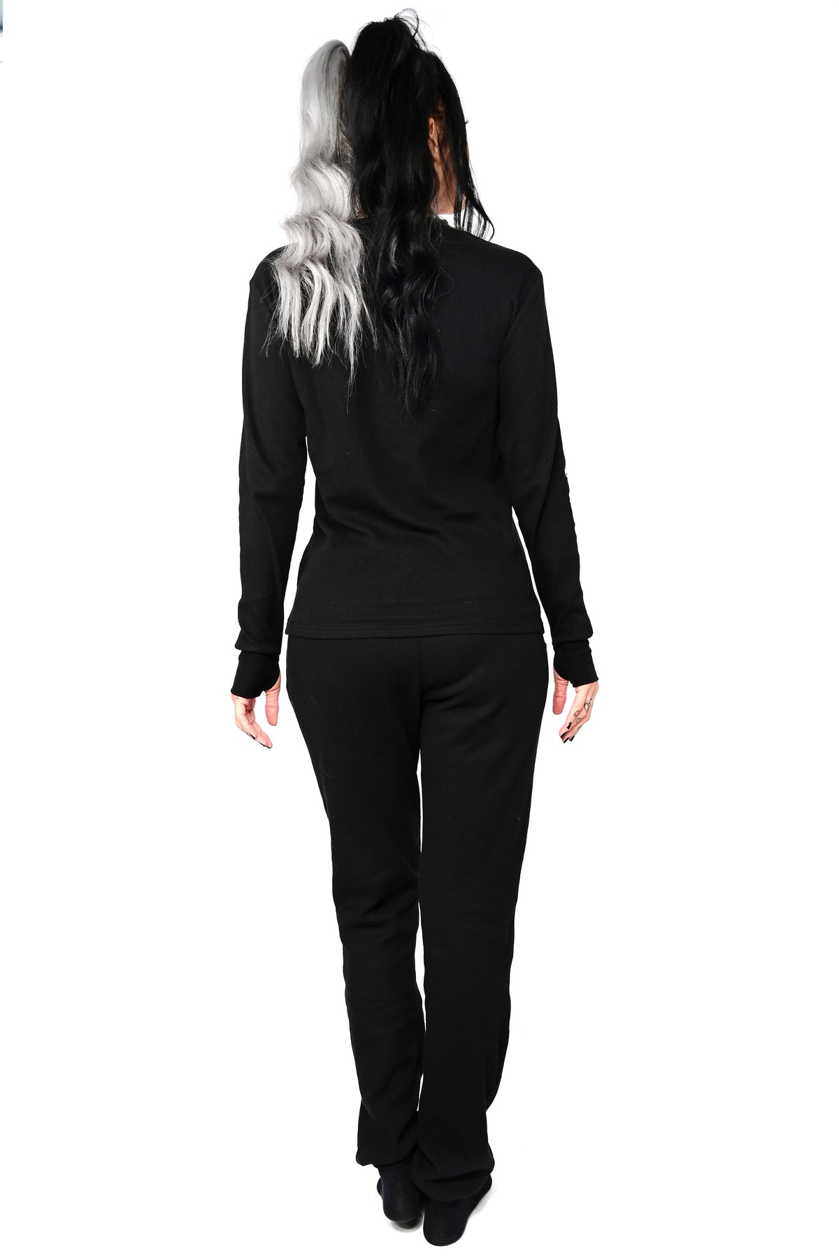 black thermal long sleeve top with skeleton print and thumbholes