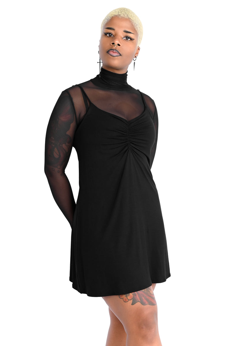 black ruched bust slip dress