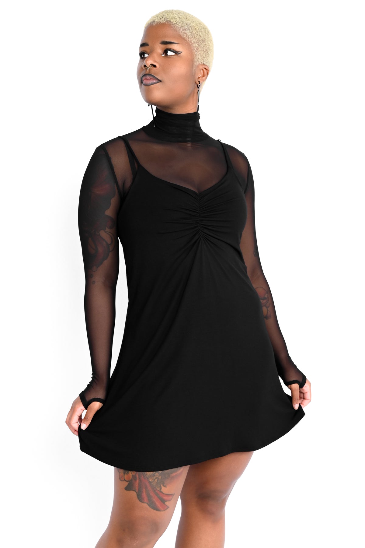 black ruched bust slip dress