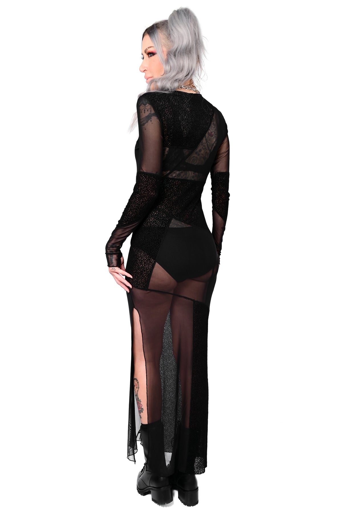 Long sleeve mesh dress with patchwork pebbled flocking throughout