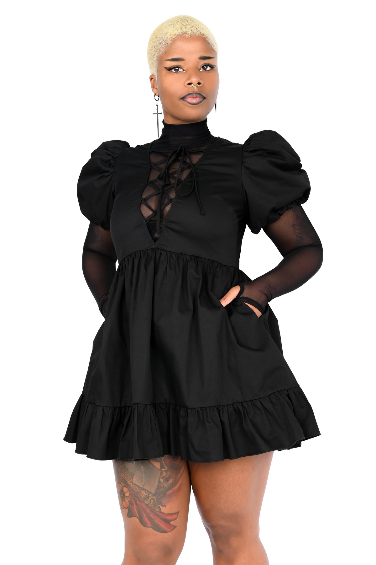 black puff sleeve babydoll dress Whitley Tie Back Mini Shop American Threads Women's Trendy Online Boutique Mint / M Lightweight crinkly woven fabric shapes this dress that has a crew neckline sicmoss Women's Black Cotton Puff