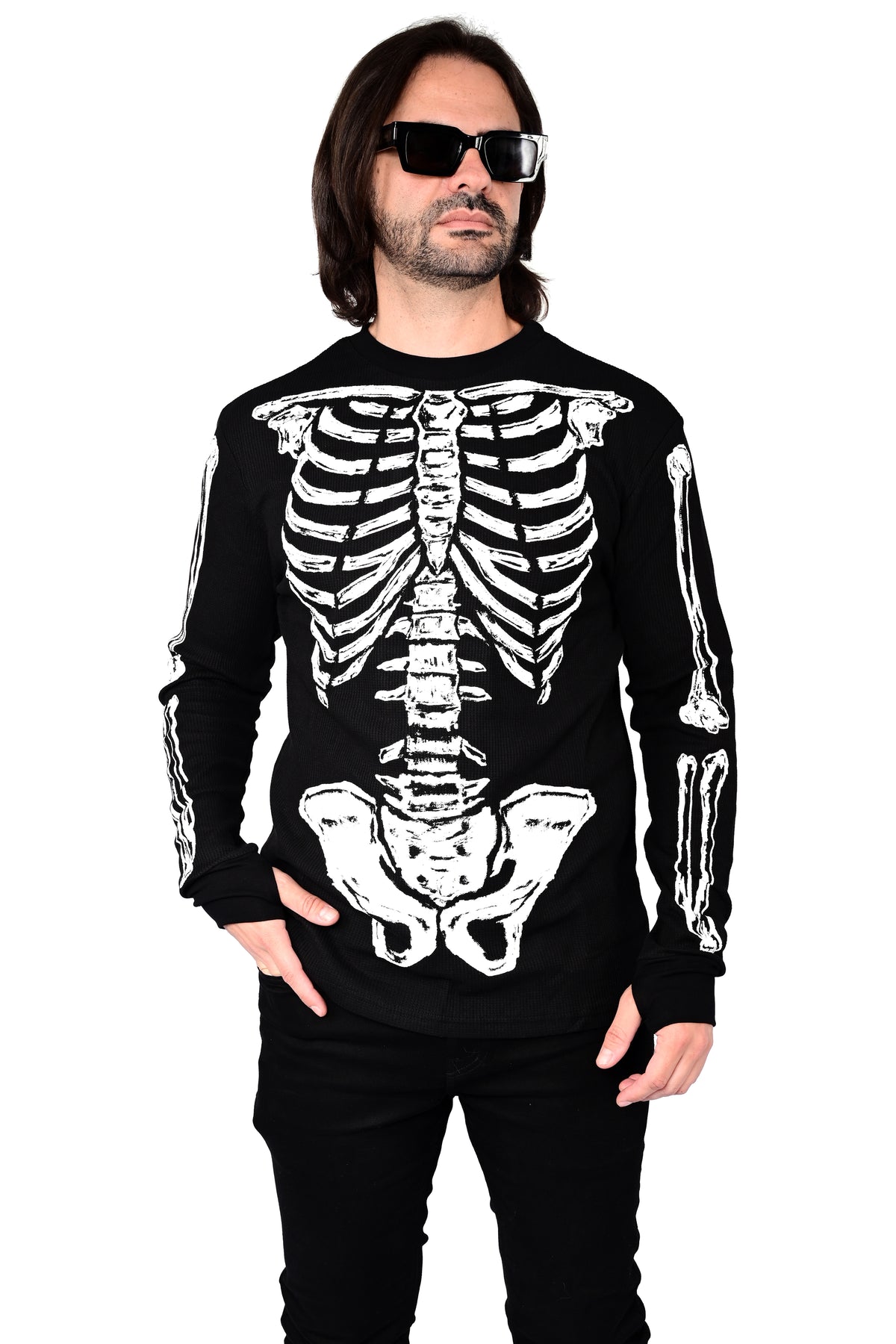 black thermal long sleeve top with skeleton print and thumbholes