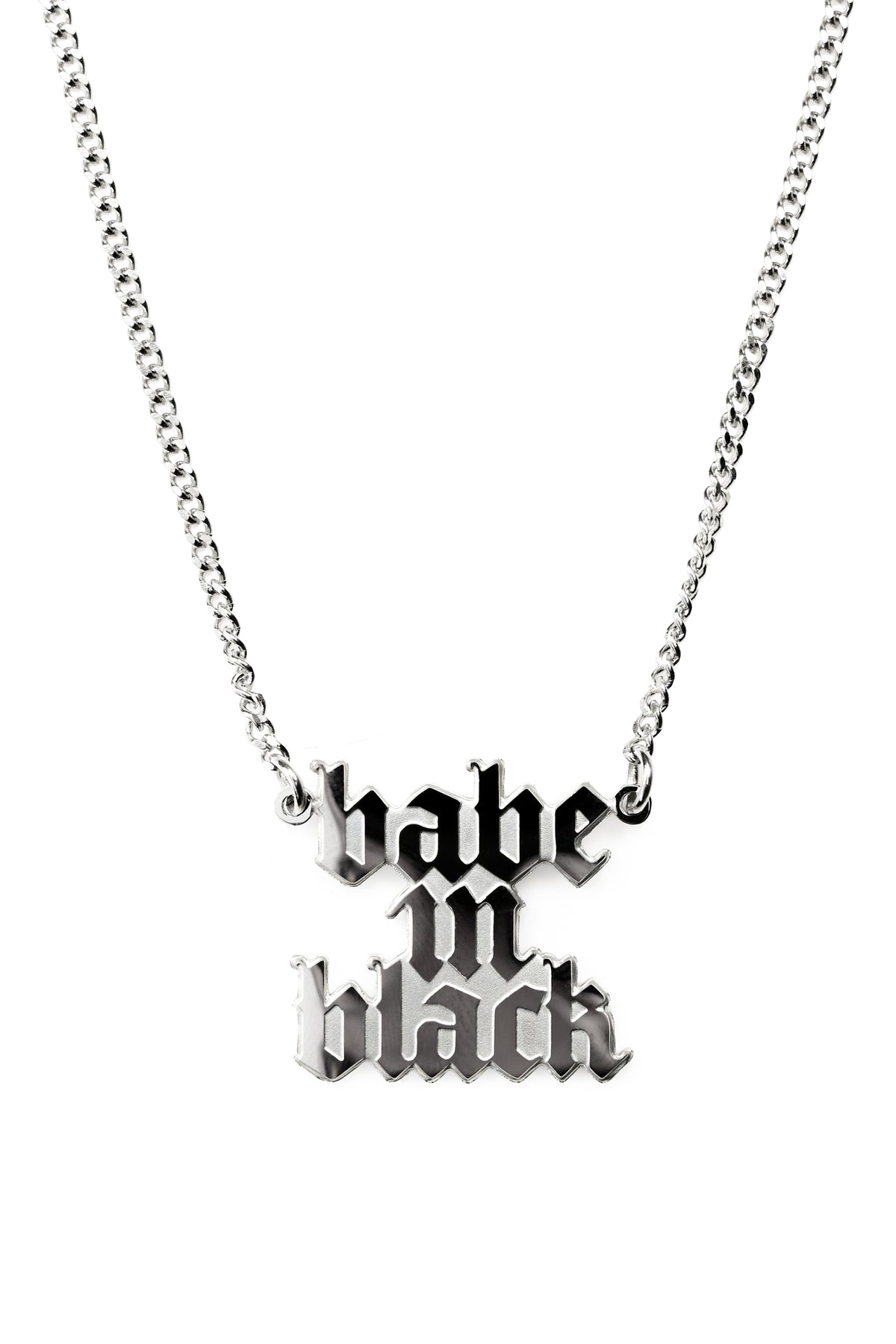 stainless steel necklace with 'babe in black' name plate