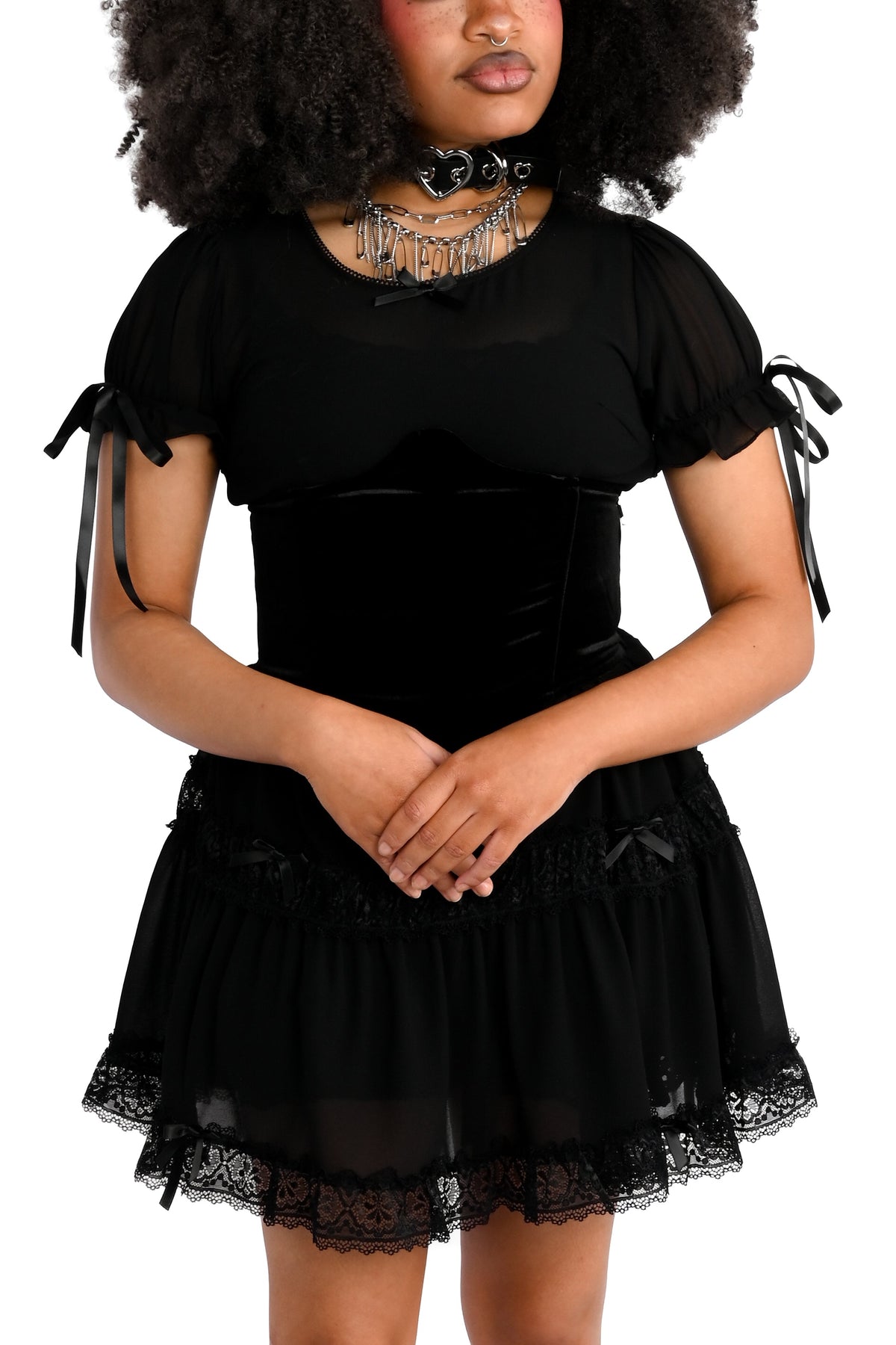 Black velvet underbust belt with flexible boning throughout.