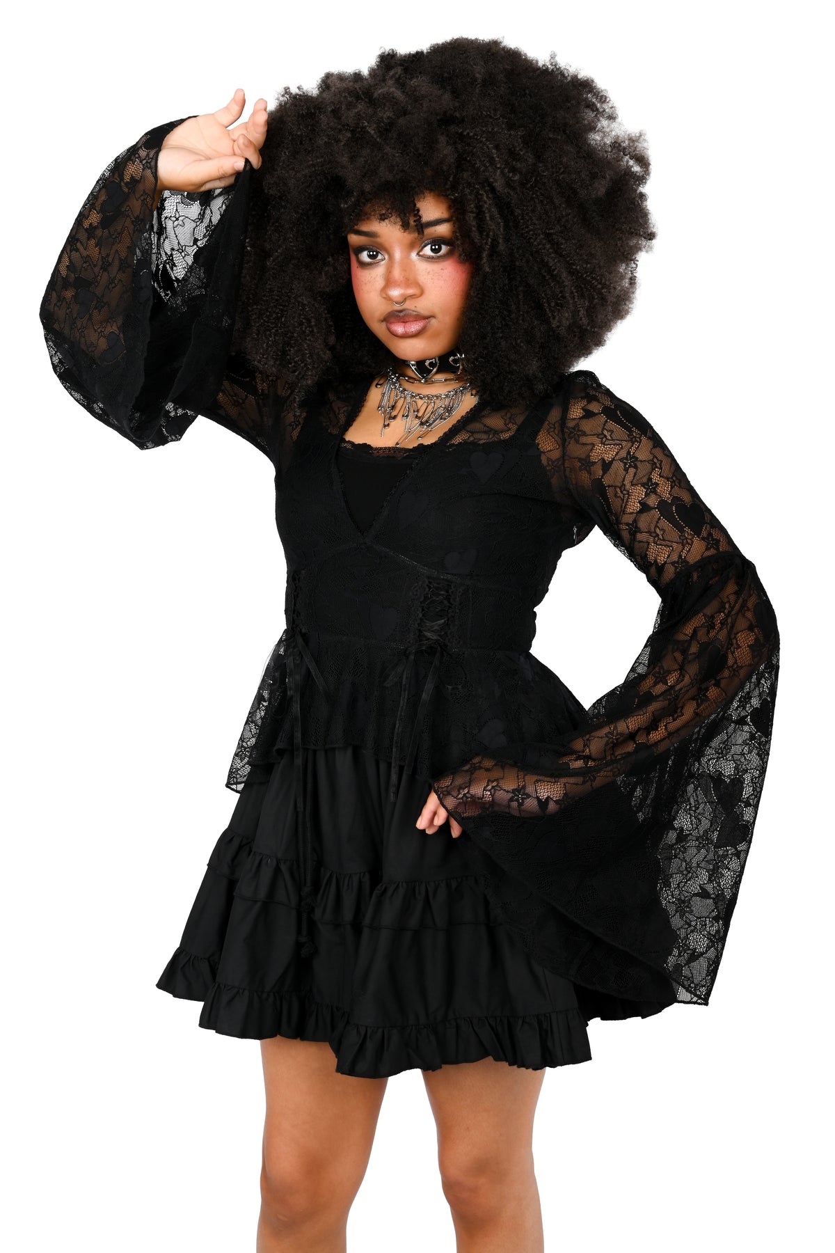 Black heart lace bell sleeve top with corset princess seams.