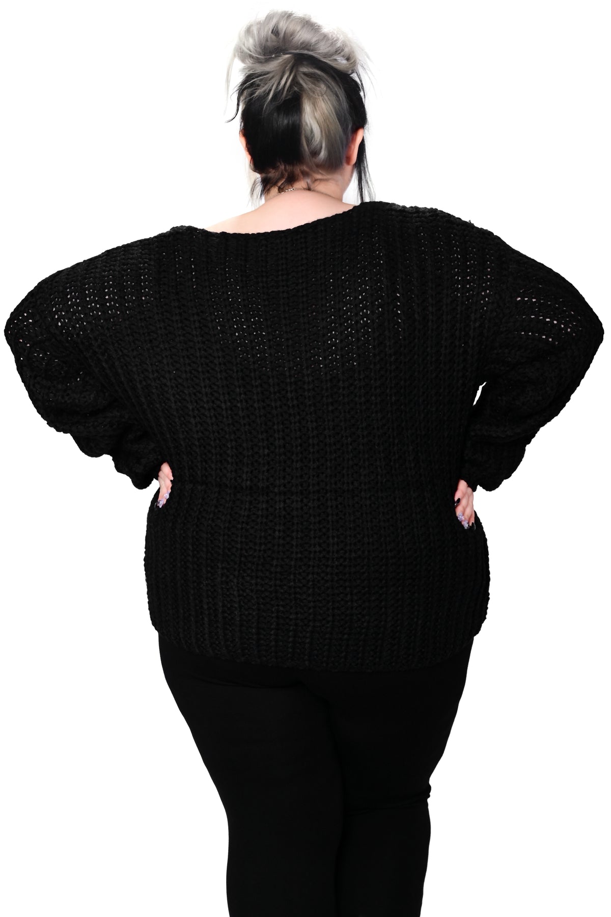 Soft, black pullover sweater with boat neckline