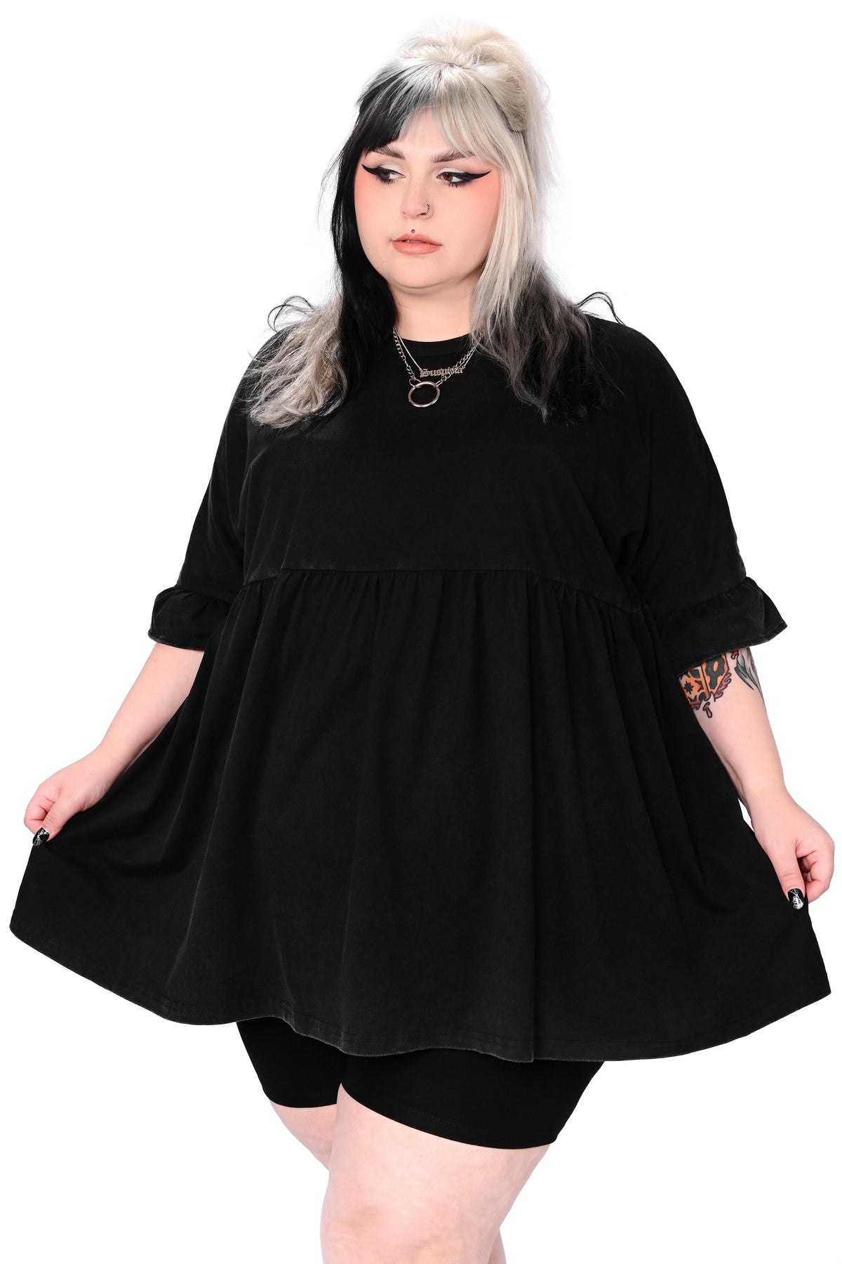 black acid wash babydoll dress with ruffle sleeves