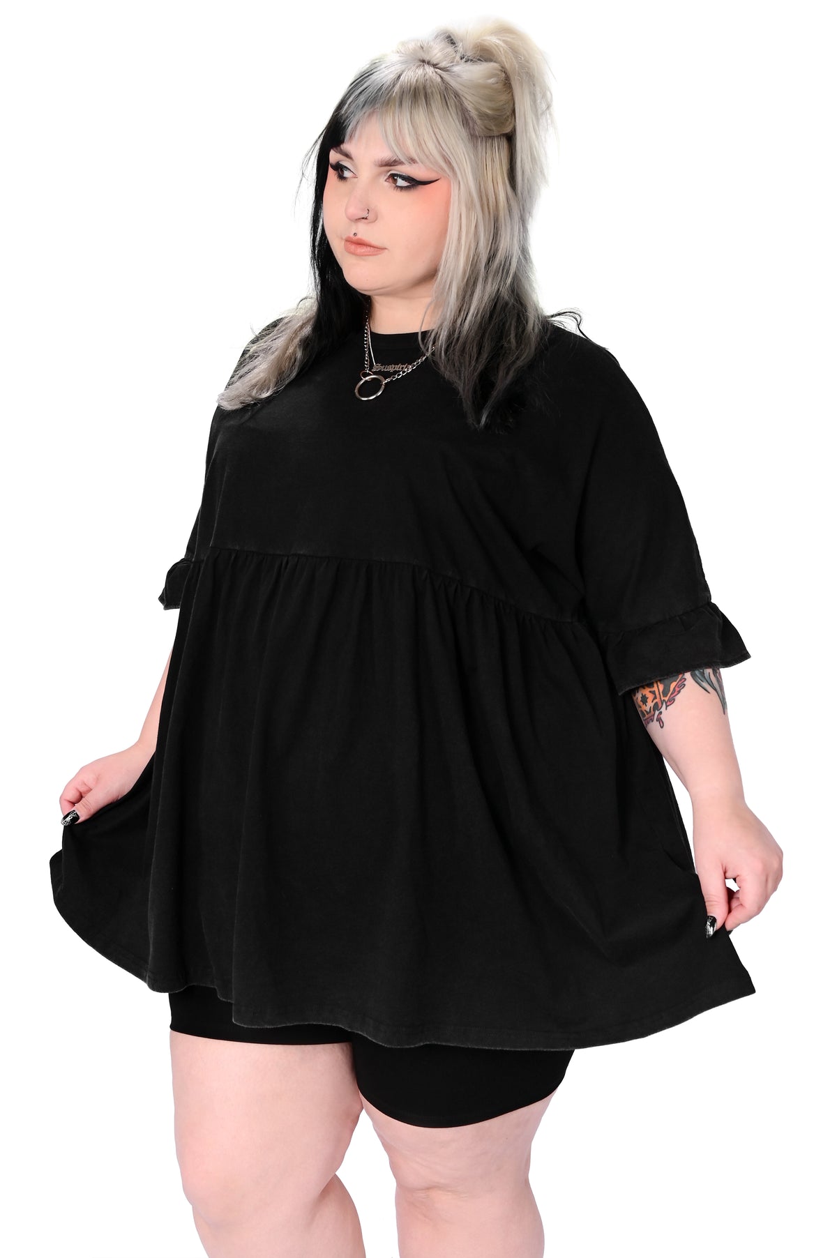 black acid wash babydoll dress with ruffle sleeves