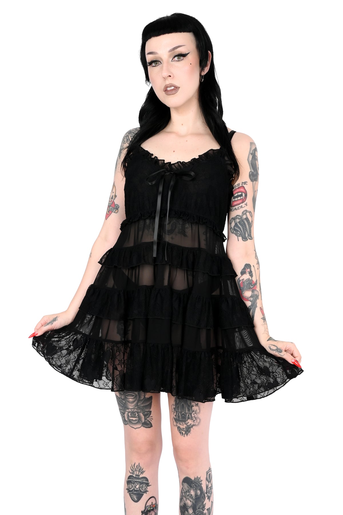 mesh and lace babydoll dress with adjustable straps and front ribbon bow detail