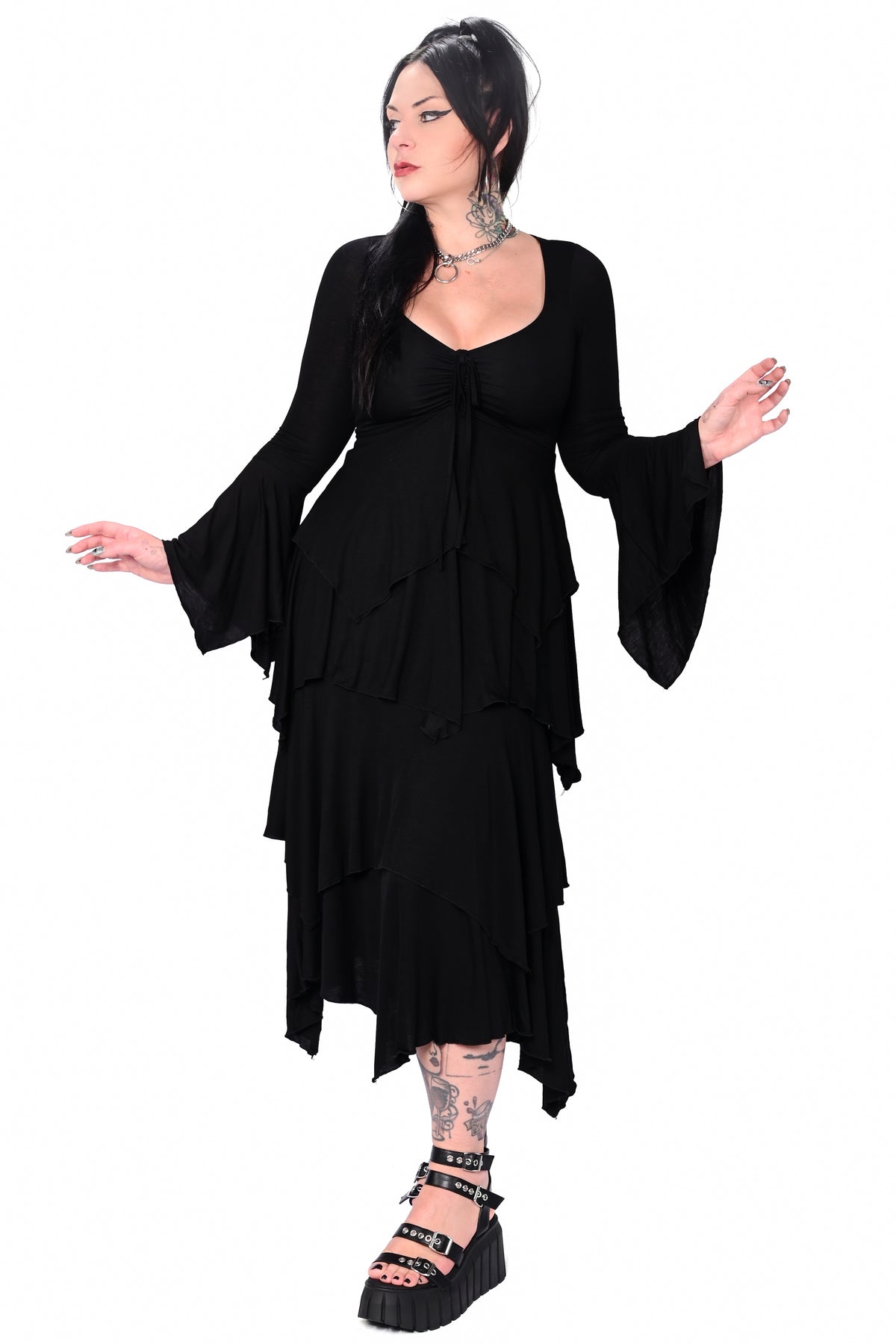 tiered handkerchief midi dress with bell sleeves, a front adjustable ruching, and marrow hem