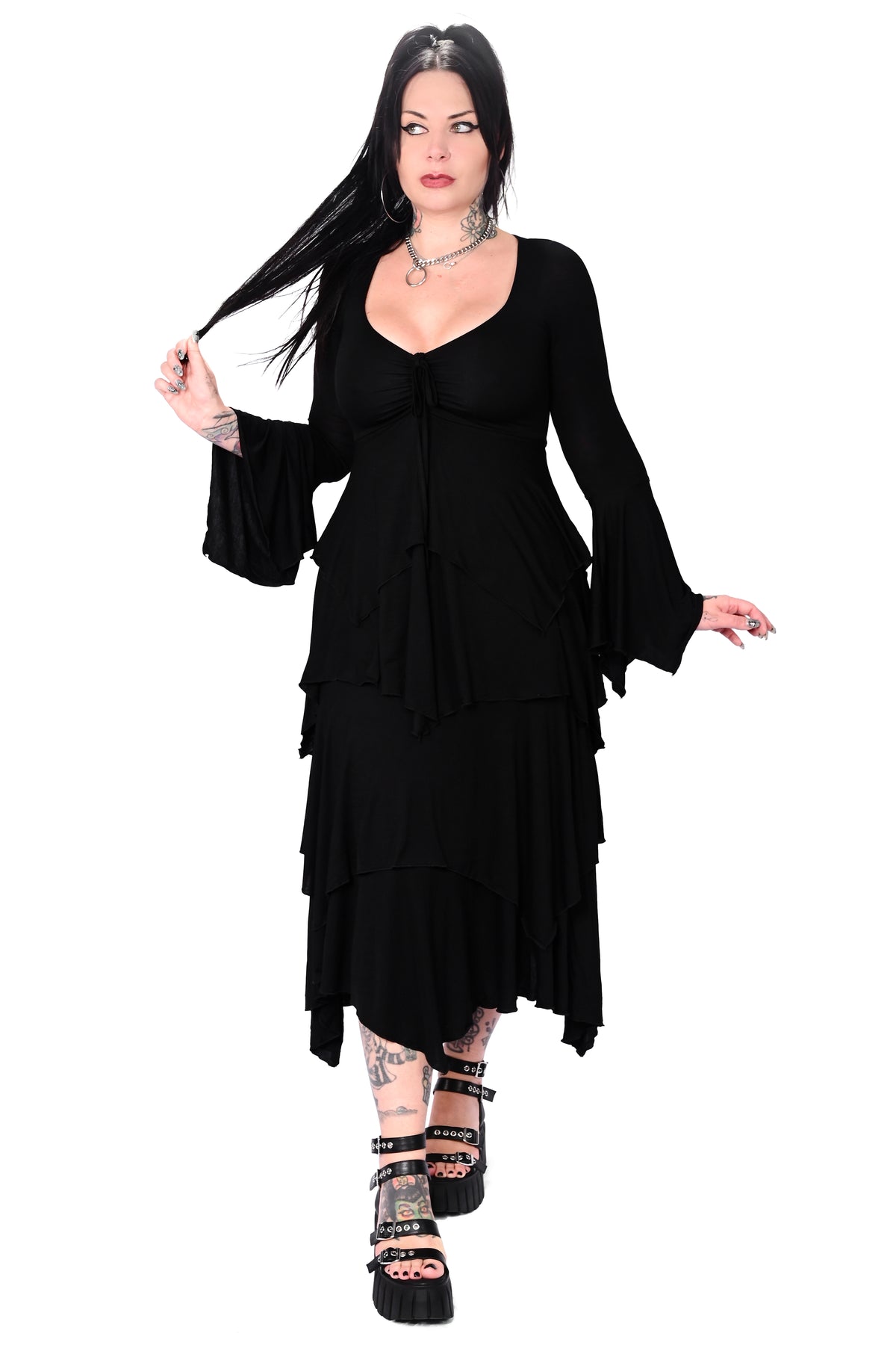 tiered handkerchief midi dress with bell sleeves, a front adjustable ruching, and marrow hem