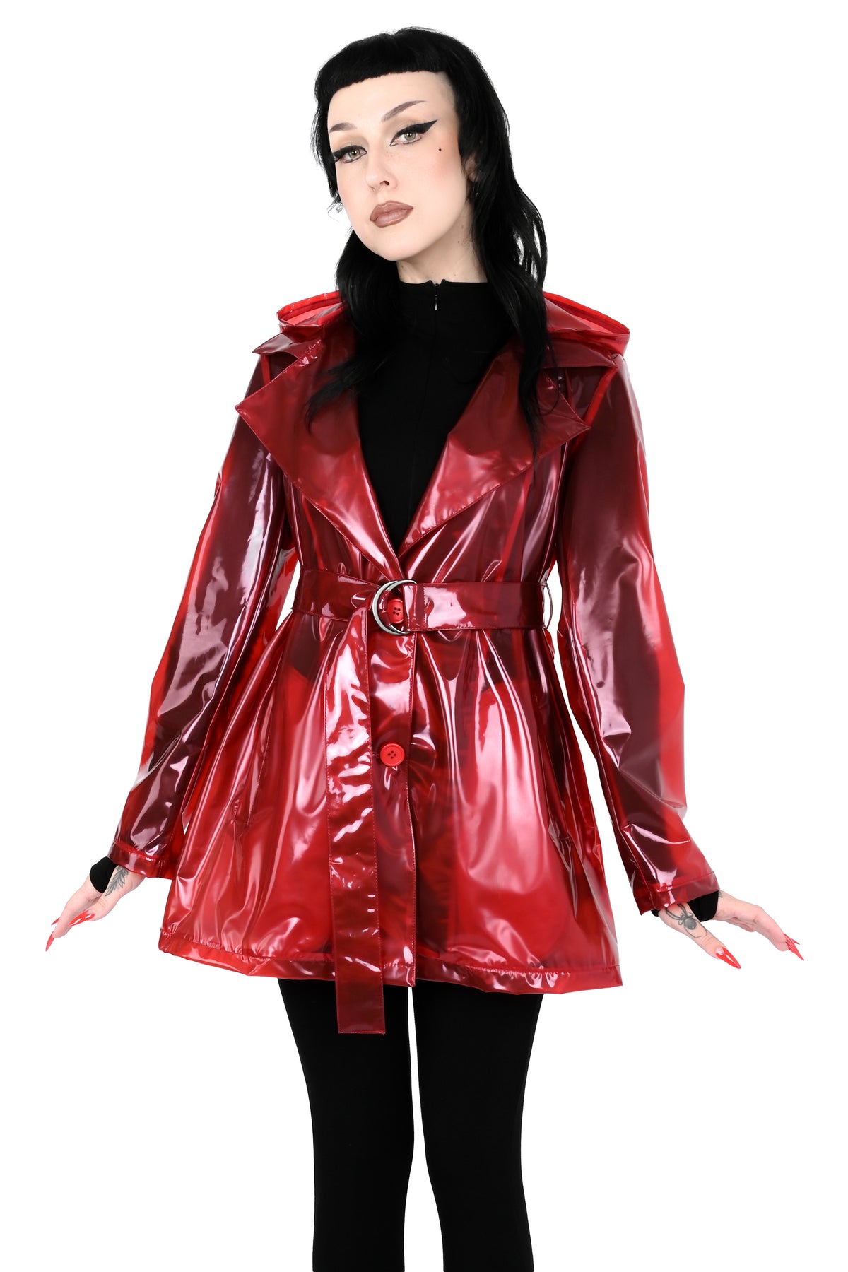 glossy red transparent PU raincoat