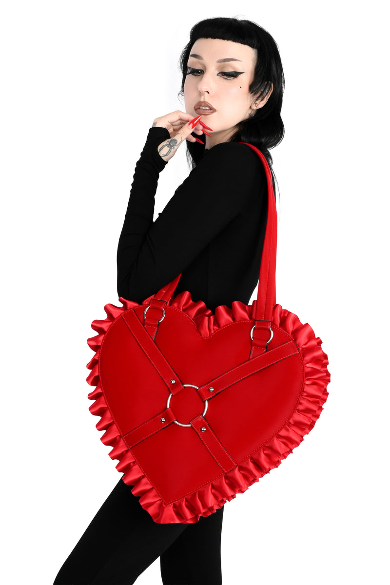 red PU heart shaped tote with o-ring/strappy front, and ruffle ribbon trim