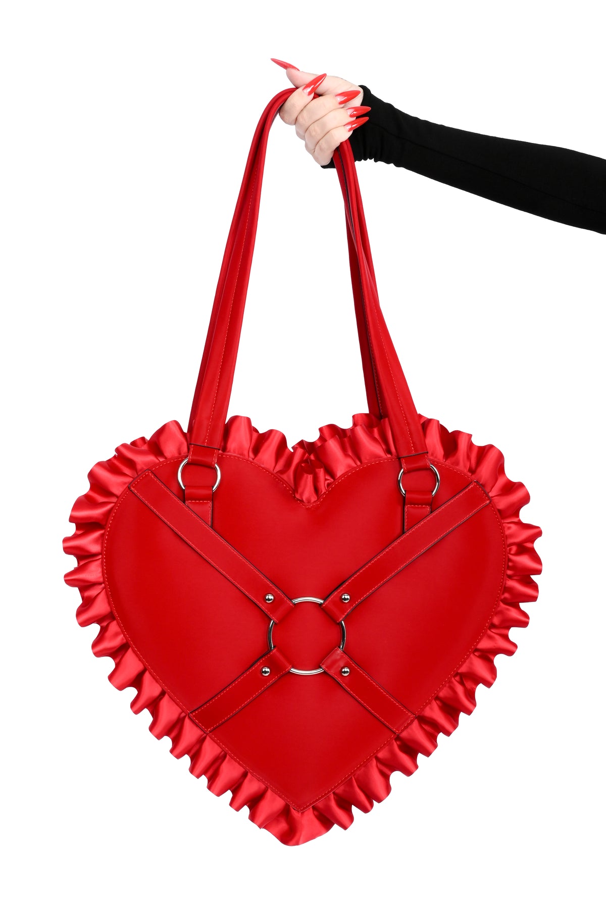 red PU heart shaped tote with o-ring/strappy front, and ruffle ribbon trim