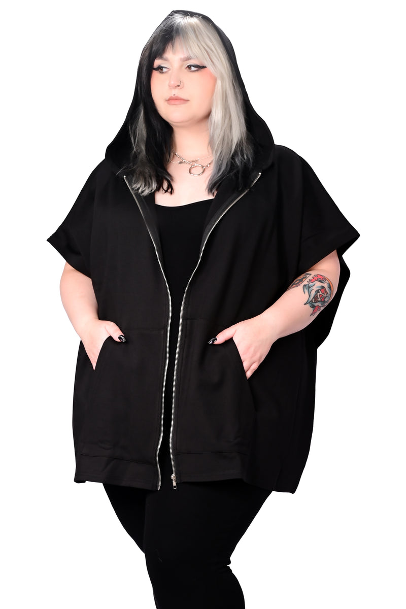 black hooded zip up poncho