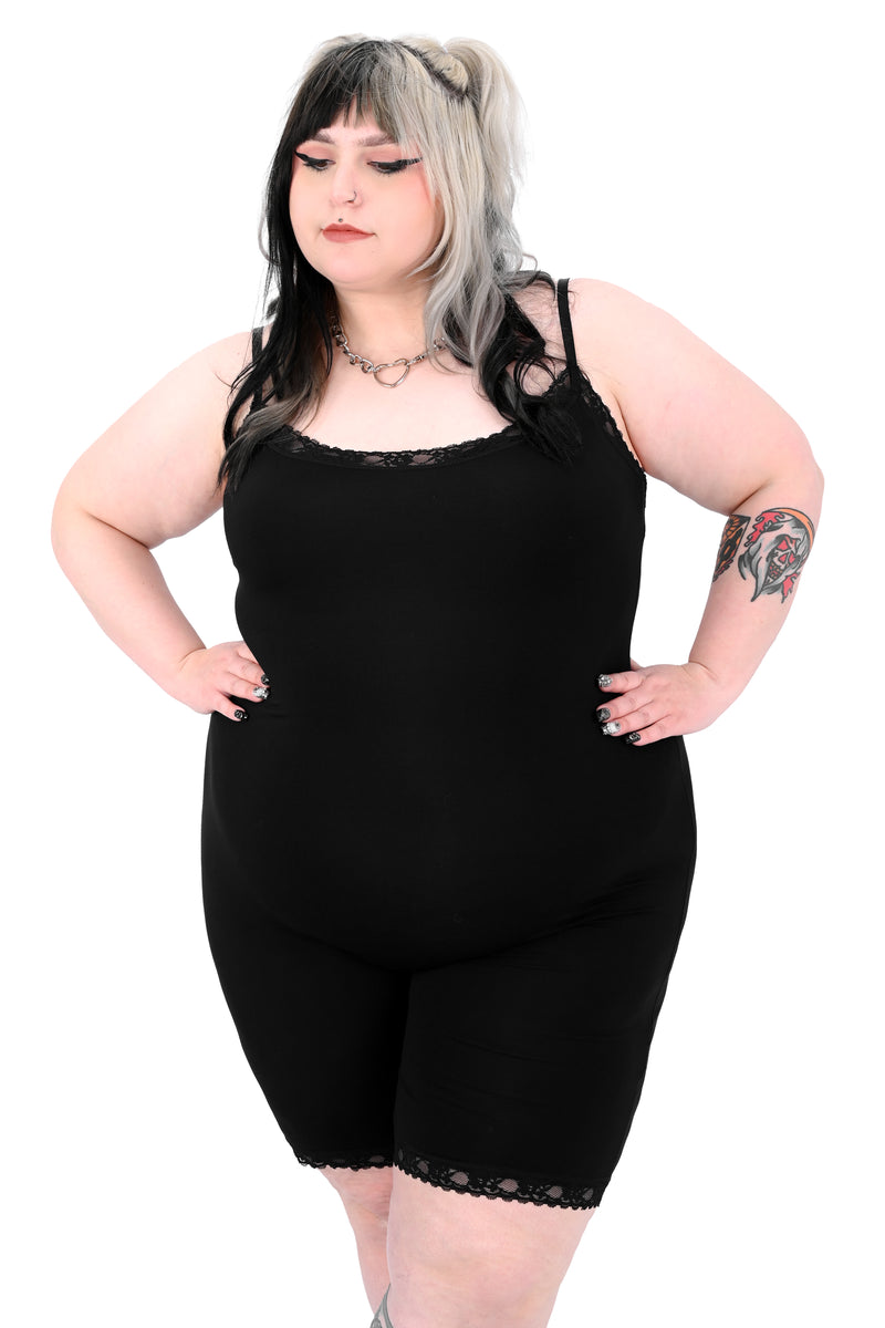 long line black lace biker short bodysuit