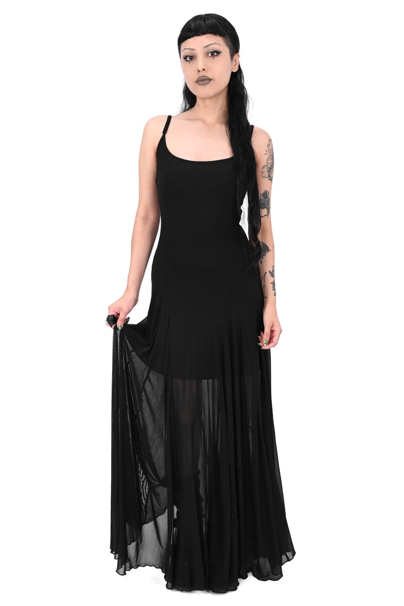 black mesh spaghetti strap maxi dress with lining to the knee