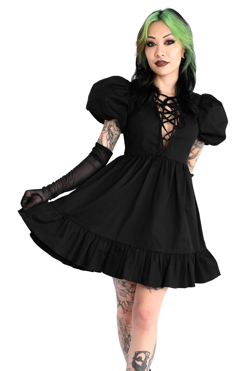 black puff sleeve babydoll dress with lace up bust